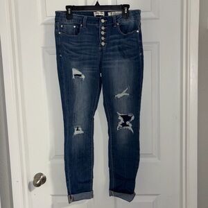 Indigo Rein ripped skinny jeans button fly patched rips mid-rise body contouring